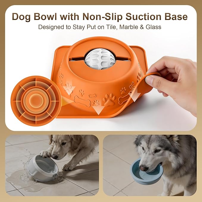 Slow Feeder Dog Bowl for Liquid Treats, Anti-Slip Lick Bowl with Smooth Rolling Ball, No Spill Pet Bowl Yogurt Water Pup Lick Toy for Large Medium Small Dogs and Cats, Anxiety Relief Boredom, Orange