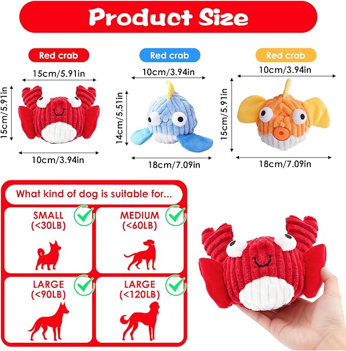 Squeak Dog Toys For Aggressive Chewers, Interactive Dog Toy Ball With Crinkle Paper, No Stuffing, Perfect For Medium Dogs, Large & Small Breeds (C-Yellow Fish)