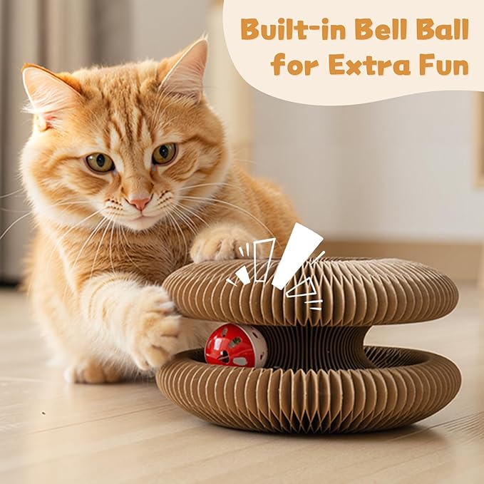 2Pcs Magic Organ Cat Scratcher Cardboard, Foldable Scratching Board, Interactive Cat Toy with Bell Ball, Corrugated Cardboard Scratch Pad for Indoor Cats, Round