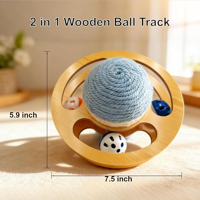 Sisal Cat Ball Track Toy for Indoor Cats Interactive Wooden Scratching Ball with Puzzle Top for Kitten Kitty Exercise Mental Physical