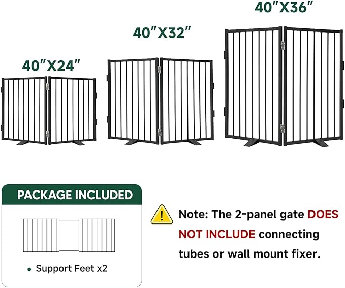 Snagle Paw Full Metal Freestanding Dog Gate,Indoor Pet Gate with Floor Protect Support Feet, 40x32Inches Foldable Dog Fence for Stairs, Hallways and Doorways (32'' H 2 Panel, Black