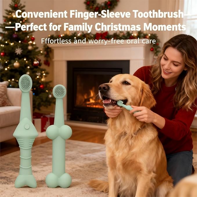 JBD Dog Toothbrush and Cat Oral Care Set | Finger Toothbrush for Small/Large Pets | Puppy Tooth Brushing Kit with Double Sided Brush | Cleans Teeth & Removes Tartar | 3-Piece Pet Dental Care (Beige)