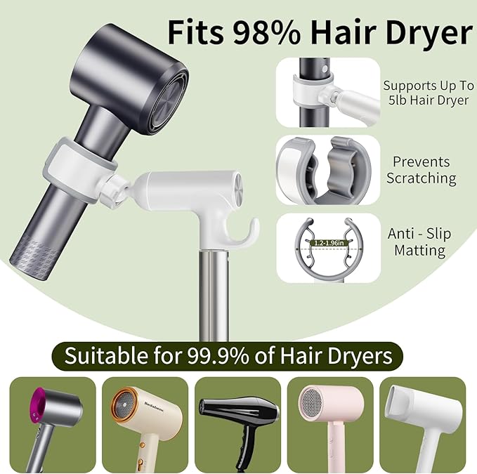 Hair Dryer Stand Hands Free With Anti-Slip Stable Base, Aluminum Alloy ,Adjustable Height 17 - 51 Inch,Blow Dryers Hairdryer Holder for Families & Pet Grooming Bathroom Use Hair Dryer Holder（White）