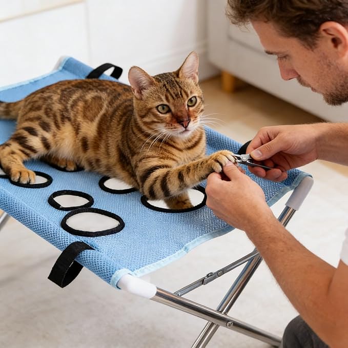 Pet Grooming Hammock with Washing Eight Hole Hammock Helper Hanging Harness for Picking Ears Nail Clipping Home (Blue)