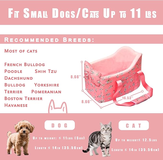 Console Dog Car Seat - Portable Dogs Armrest Booster Seat for Small Dog, Anti-Collapse Pet Car Seat with Soft Cushion Safety Belt, Support Pet Up to 11lbs (Pink Daisy)