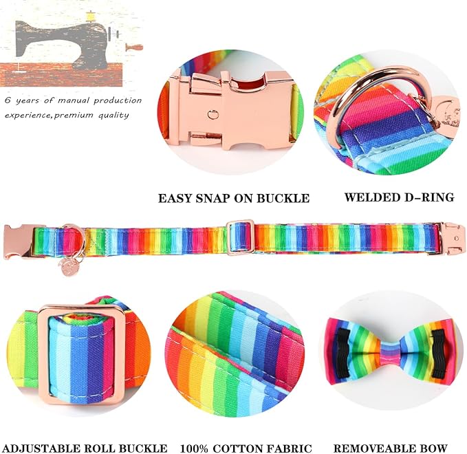 DOGWONG Rainbow Dog Collar with Pretty Bow Tie for LGBT Pride Month - Adjustable and Comfortable Collar for Large Medium Small Dog,M