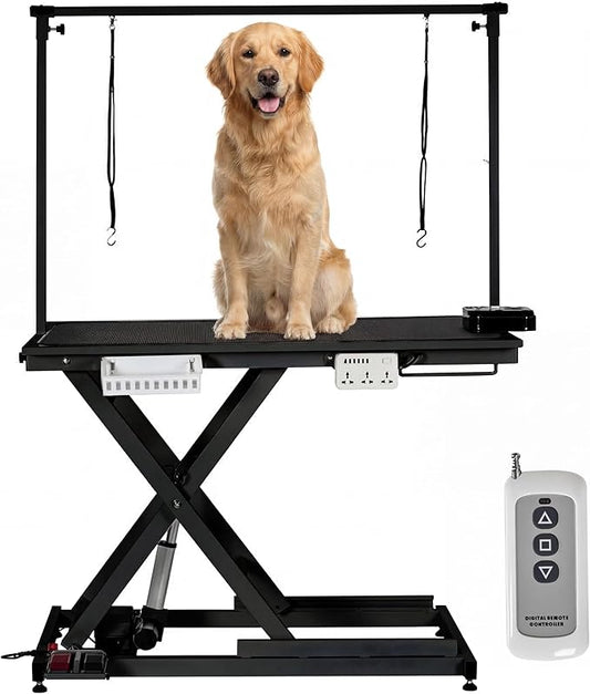 50 Inch Dog Grooming Table, Electric Hydraulic Pet Grooming Table, Dog Grooming Station with Aluminium Overhead Arm, Anti Slip Tabletop, 6 USB Ports, Height Adjustable, 300 LBS Capacity, Black