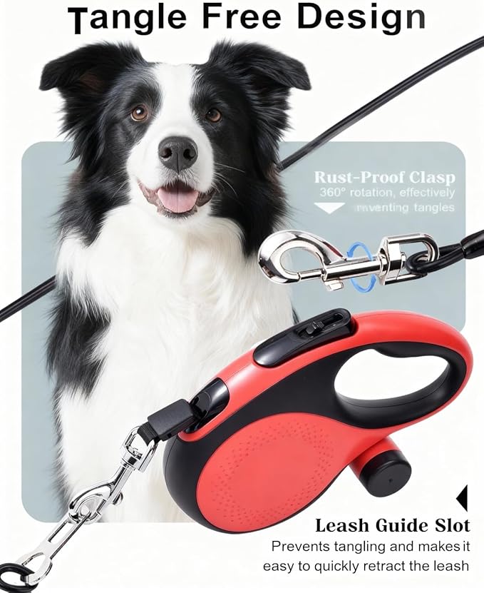 Heavy Duty Retractable Dog Leash 26 ft Tangle-Free 360° Swivel for Large Dogs up to 110 lbs with One-Button Lock (Red)