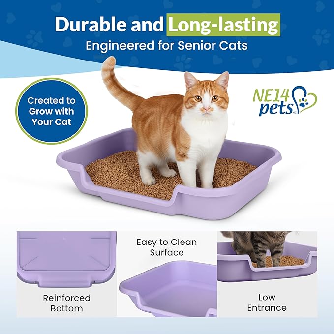 KittyGoHere Senior Cat Litter Box, Large Litter pan with Long-Handle Jumbo Scoop, Open Top Low Entrance Kitty Litter Box, Lightweight Low Entry Litters Box, Durable, Made in USA (Storybook Lavendar)