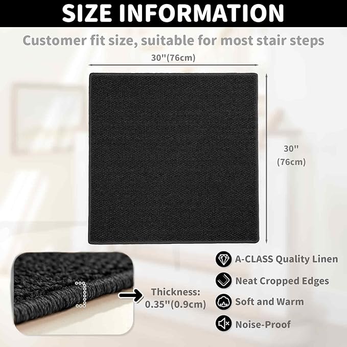 Brakki Bullnose Carpet Stair Treads, Non Slip Landing Mat for Wooden Steps Indoor, Soft Stair Rugs for Pets, Indoor Doormat for Kitchen Bathroom, Washable, 30"x30" 1pc, Black