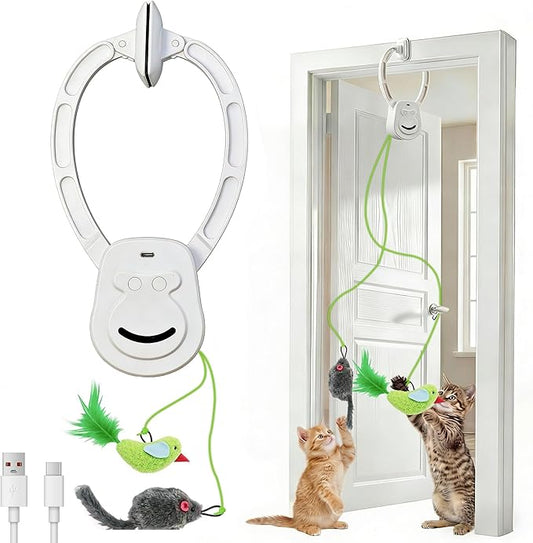 Interactive Cat Toy for Indoor Cats, 2-Mode Automatic Door Hanging Cat Toy with Flying Bird & Mouse, USB Rechargeable Quiet Electric Cat Toy for Bored Cats, Kittens & Multi-Cat Homes