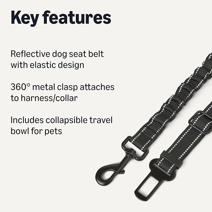 Amazon Basics Dog seat Belt, Adjustable Dog Car Harness, Adjustable Length 26"-39", Includes Collapsible Travel Bowl, Black