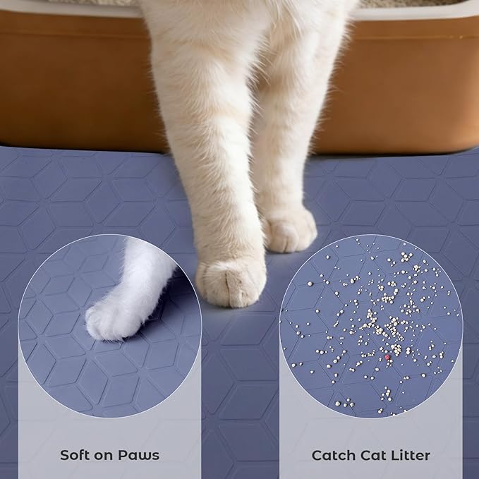 34" x 22" Diamond Cat Litter Mat, Absorbent & Fast-Dry Silicone Litter Trapping Mat with Raised Edges, Extra Large Waterproof Pad for Kitty Litter Box, Grey