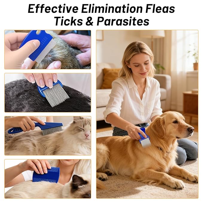 7 Pack Flea Comb Set for Cats and Dogs, Stainless Steel & Plastic Pet Grooming Combs with Dog Eye Comb & Tear Stain Comb, Flea Comb for Small Dogs, Puppy Comb, Tick Comb, Cat Flea Comb Grooming Kit
