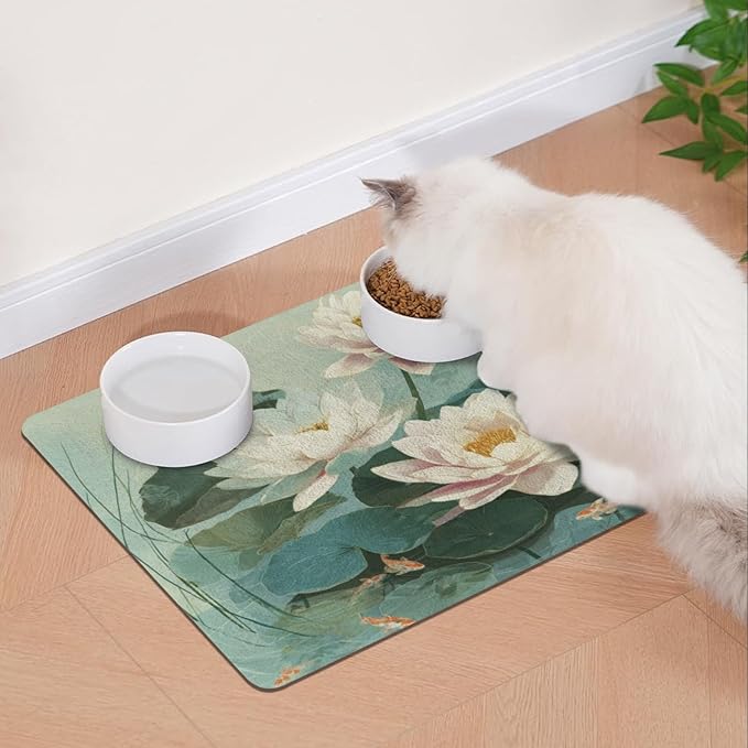Green Lotus Pond Art Dog Food Mat-Absorbent Pet Dog Mat for Food and Water, No Stains Quick Dry Cat Food Bowl Mat,16" x 12" Pet Placemat for Dogs, Cats