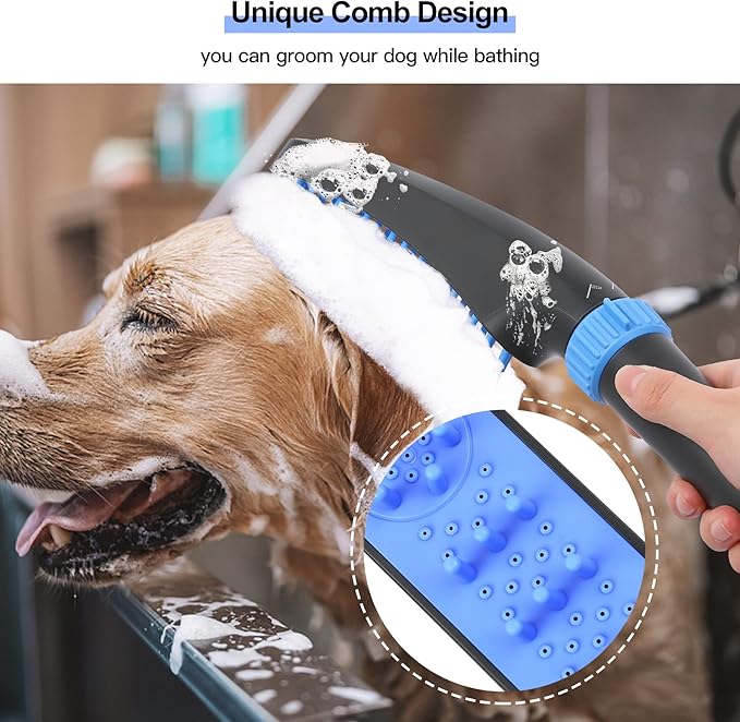 Pet Wand Shower Sprayer, Dog Shower Attachment, 1.8GPM Dog Shower & Bath Accessories with Faucet Head Hook Valve 9.8 Ft Steel Hose for Dogs Cats Bath Indoor Outdoor Blue & Grey