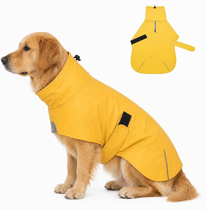 PU Dog Raincoat, Non-Toxic & Odorless Waterproof Vest, Adjustable High Neck and Hook & Loop Belly Closure for Rainy Potty Breaks & Wet Weather Outdoor Walks (Yellow, XXX-Large)
