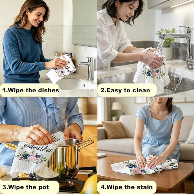 World’s Best Godmother Gifts Kitchen Towels 24x14 Inch, Floral Waffle Absorbent Tea Dish Hand Towels, Reusable Dish Towel for Kitchen Bathroom Decor, Birthday Christmas Thanksgiving for Godmother