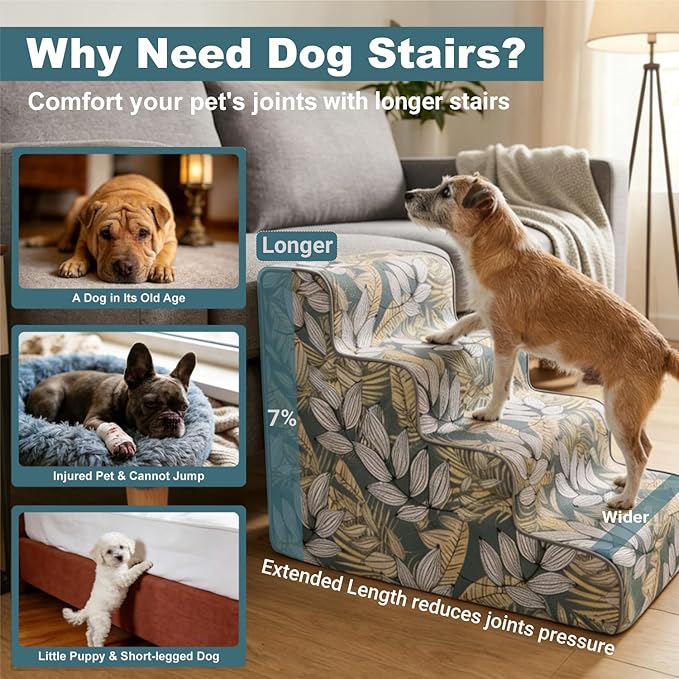 4-Step Dog Stairs for Bed & Couch 18" H, Extra Long Dog Steps for Bed with 30D Foam, Country Style Pet Stairs for Small Dogs and Older Cats, Blue Yellow