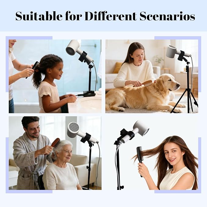 Hair Dryer Holder Stand, Hands Free Blow Dryer Stand with Clamp, Adjustable Height & 360° Rotating Hair Dryer Stand for Home & Salon Styling, Foldable & Stable