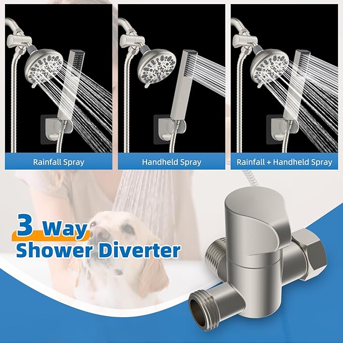 Hibbent All Metal Dog Sprayer Attachment Set, Stainless Steel Pet Shower Sprayer for Dog Washing and Bathing, 4 Sprays Handheld with Pause Mode, Brass Shower Diverter Valve, 119" Hose, Brushed Nickel