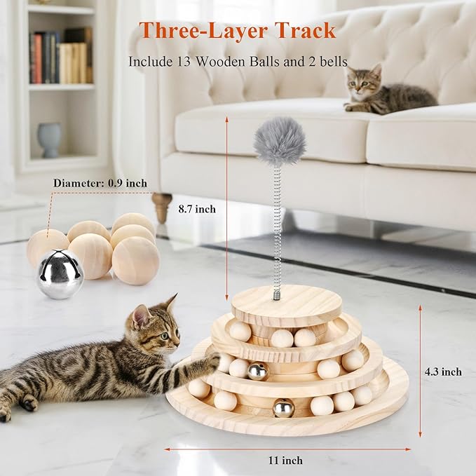 Large 2-in-1 Wooden cat Toy Tower with Spring cat Toy Stick, Indoor Interactive Track Ball and Bell Toy for Kittens - Puzzle Solving, Exercise and Play