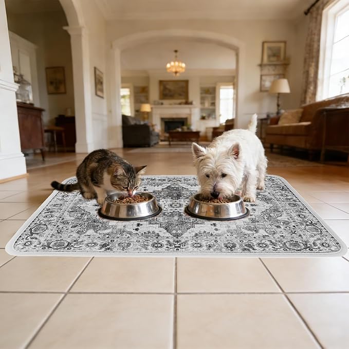 PUPTECK Dog Food Mat, Absorbent Pet Feeding Bowl Mat, Non-Slip Dog Mat for Food and Water, Quick Dry No Stains Cat Placemats Pet Supplies for Messy Drinkers, Grey 16"x24"