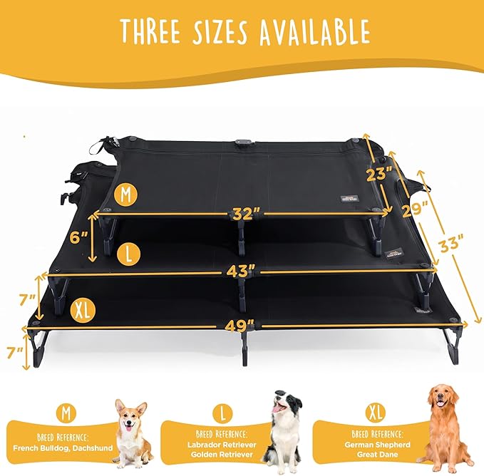CANINE CANYON Upgraded Non-Slip Daisy Cot, Large Foldable Elevated Dog Bed, Portable Raised Outdoor Folding Dog Cot for Camping/Home, Chew Proof Waterproof Heavy Duty Up to 160 Lbs, Black, 43"x27"