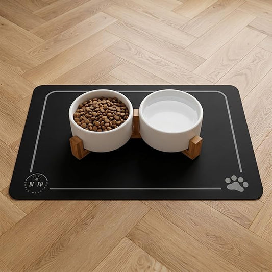BE-KH Absorbent Pet Feeding Mat for Dogs & Cats, Quick Dry Dog Bowl Mat for Food and Water, Ultra-Thin, Non-Slip Rubber & Polyester, Waterproof & Machine Washable, Classic Paws, 24x16 in (60x40 cm)