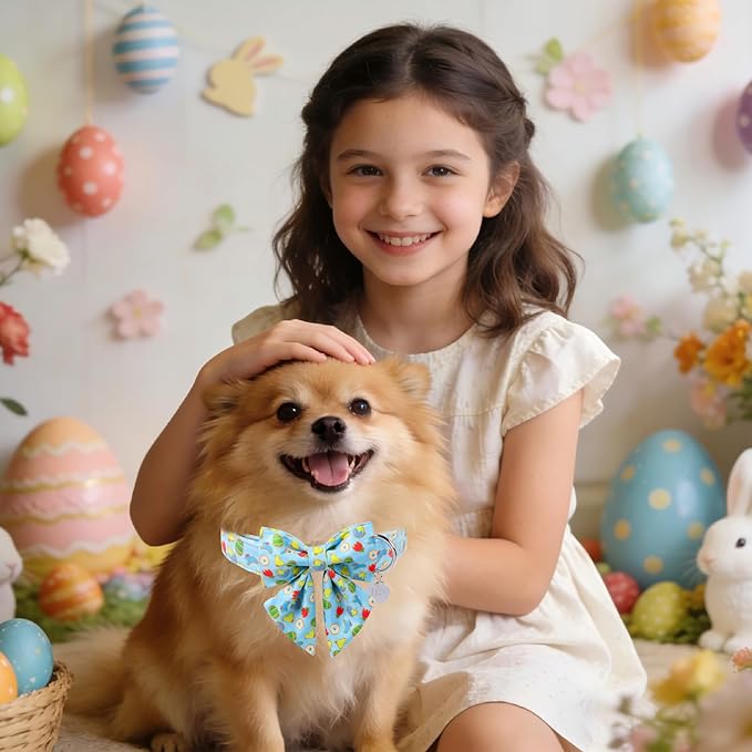 Easter Dog Collar with Bow Tie, Cotton Bunny Bowtie for Large Girl Boy Dog, Cute Rabbit Pet Collar with Metal Buckle, Gift, XL
