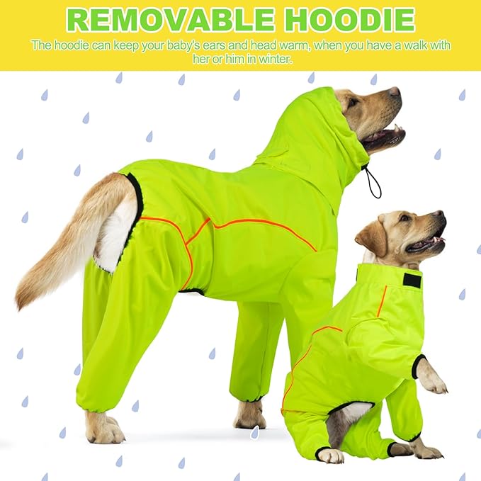 Dog Raincoat, Waterproof Dog Rain Jacket with Removable Hood，Adjustable 4 Legs Pet Poncho with Leash Hole，Reflective Stripe Hooded Snowproof Windproof Clothes for Small to 3X-Large Dogs, XL