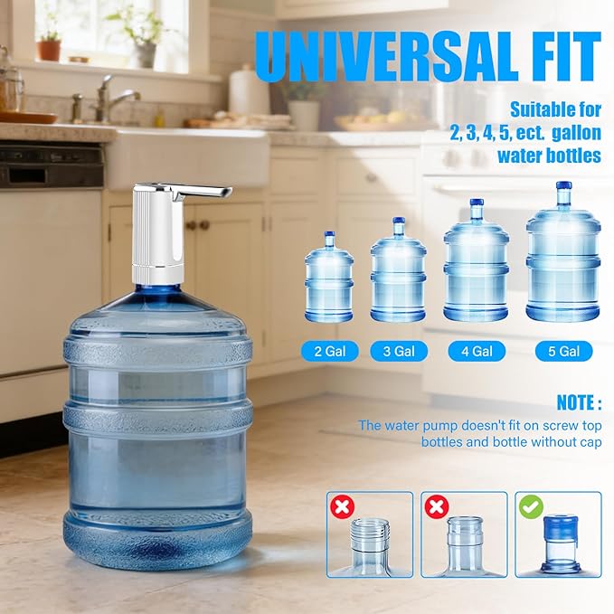 Water Dispenser Pump for 5 Gallon Water Bottles, USB Type-C Rechargeable with 1200mAh Battery, Foldable Spout, One-Touch Control (40s/80s), Powerful Suction for Home, Office, Camping - White