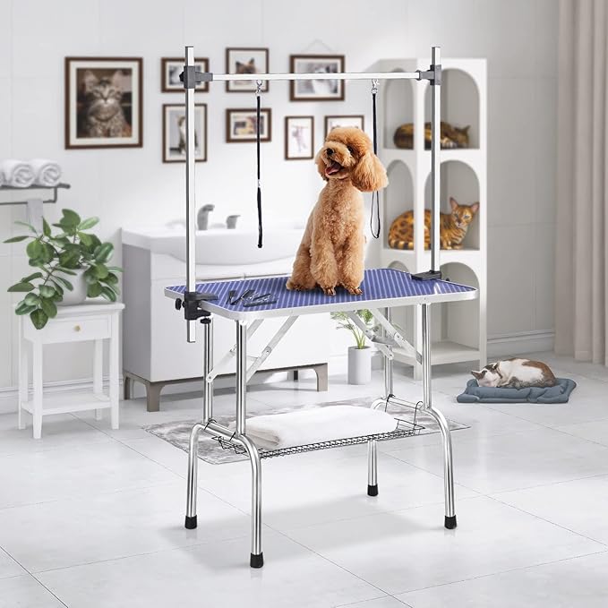 36 Inch Professional Adjustable Pet Grooming Table Heavy Duty with Arm Noose & Mesh Tray for Dog Cat Shower Table Maximum Capacity Up to 265Lb, Blue