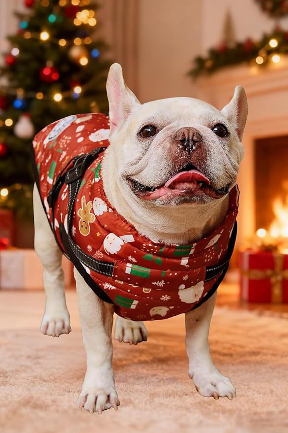 Aiboria Dog Jacket Windproof Fleece Dog Sweater with Padded Vest Chest Strap Harness Dogs Coat Christmas Red XXL