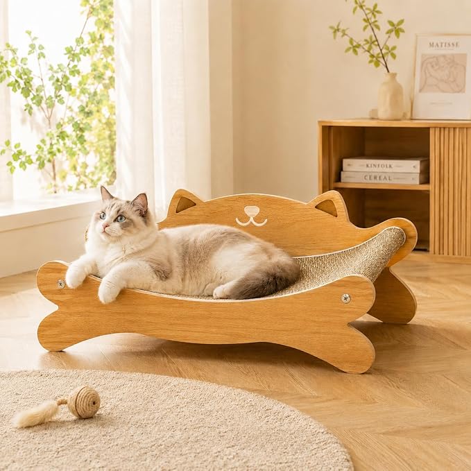Cat Scratcher Bed for Indoor Cats - Summer Cool Hammock, 23.2″ Large Scratching Lounge with 40 lbs Weight Capacity, Wooden Modern Cat Scratching Post & Pad Furniture