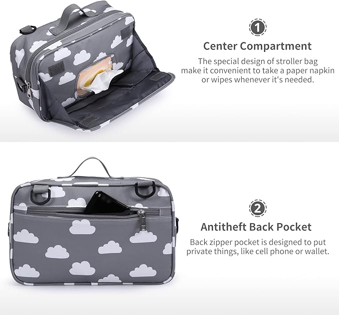 GOGOSO Small Diaper Bag, Stroller Organizer Bags for Baby with Insulated Pocket, Stroller Hooks and Adjustable Strap,Universal Mini Diaper Tote Bags Fit All Strollers, Gray