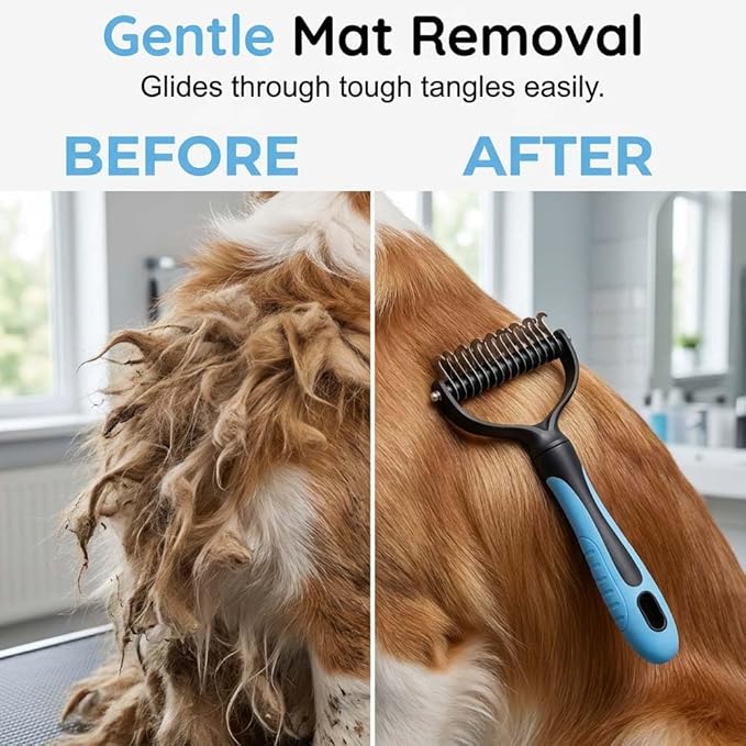 Pet Pro Grooming Tool, Pet Grooming Rake Double Sided Shedding Deshedding Brush for Dogs Cats, Undercoat Rake Dematting Comb for Long Haired Pets with Stainless Steel Teeth