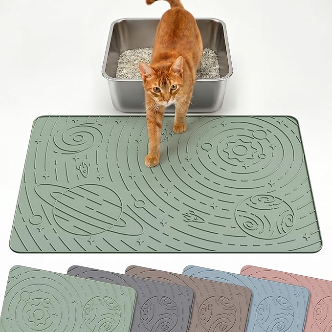 OHMO Cat Litter Mat Medium 23.6x15.7in, Sage Green Silicone Rubber Scatter Control Kitty Litter Box Trapping Mat, Waterproof Easy to Clean, Odorless Pet Supplies, Indoor Cat Essentials