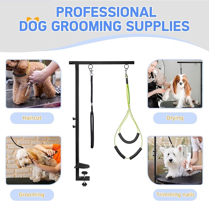 Dog Grooming Arm with Hammock: Adjustable Height 27"-38", Foldable Dog Grooming Table Arm w/No-Sit Holder and Loop Noose,Grooming Restraint for Small&Medium Pets at Home or Salons