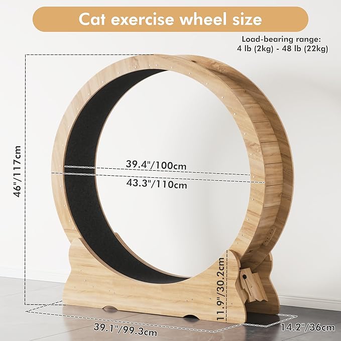 Mondeer Cat Exercise Wheel, 46'' Cat Wheel for Indoor Cats with Carpeted Runway, XL Treadmill with Removable Carpet and Teaser, for Running Walking Training (Natural Wood)
