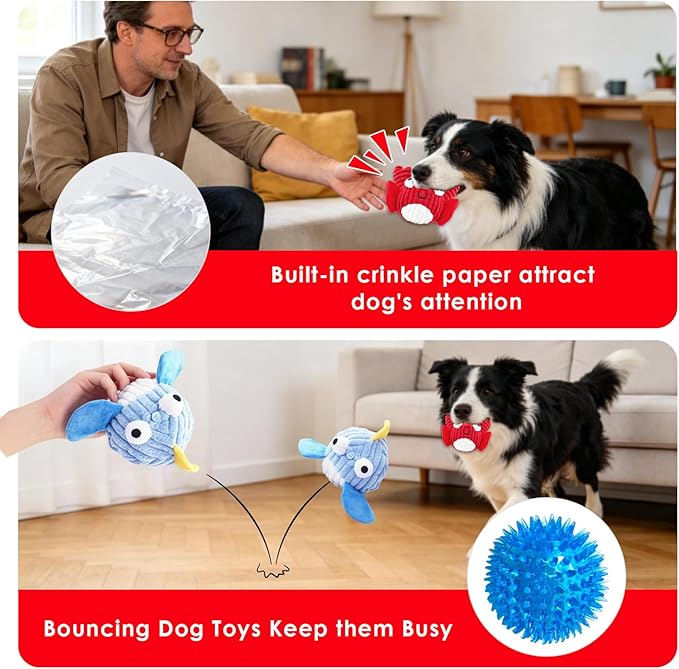 Squeak Dog Toys for Aggressive Chewers, No Stuffing Squeak Dog Chew Toys for Aggressive Chewers, Interactive Dog Toy Ball with Crinkle Paper for Medium Dogs, Large & Small Breeds (A-Red Crab)
