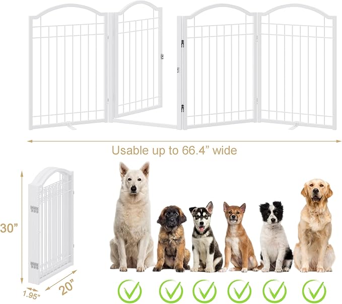 BHG Metal No-Assembly Freestanding Dog Gate with Door Walk Through, Extra Wide 80", Extra Tall 30" Pet Gate, Accordion Puppy Folding Playpen Dog Fence for Indoor & Outdoor, with 2PCS Support - White