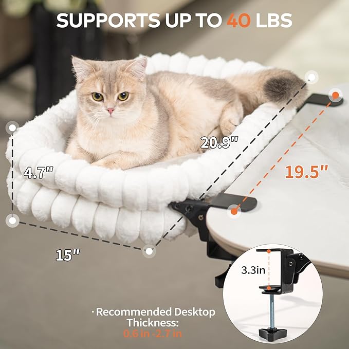 CHEERPALS Cat Desk Bed with Reversible Cushion, 90°Foldable Cat Hammock for Desk Mounted Removable & Washable, Suitable for Medium-to-Large Cats and Puppy, Cloud Series(White, Medium)