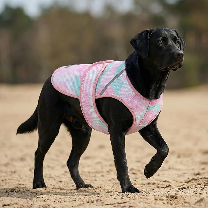 KYEESE Dog Cooling Vest, Lightweight Dog Cooler Jacket, 3D Breathable Mesh Pet Cooling Shirts for Summer with Reflective Stripe, Sun Protection Pet T Shirt for Beach, Hiking, Walking, Pink, 3XL