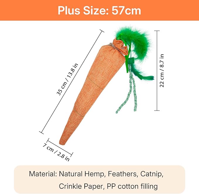 Carrot Catnip Toys with Crinkle Paper for Indoor Cats to Keep Them Busy, Soft Linen, Interactive Cat Feather Toys for Kitten Kicking, Teething, Exercise, Catmint Toys for All Breeds (1 PCS)