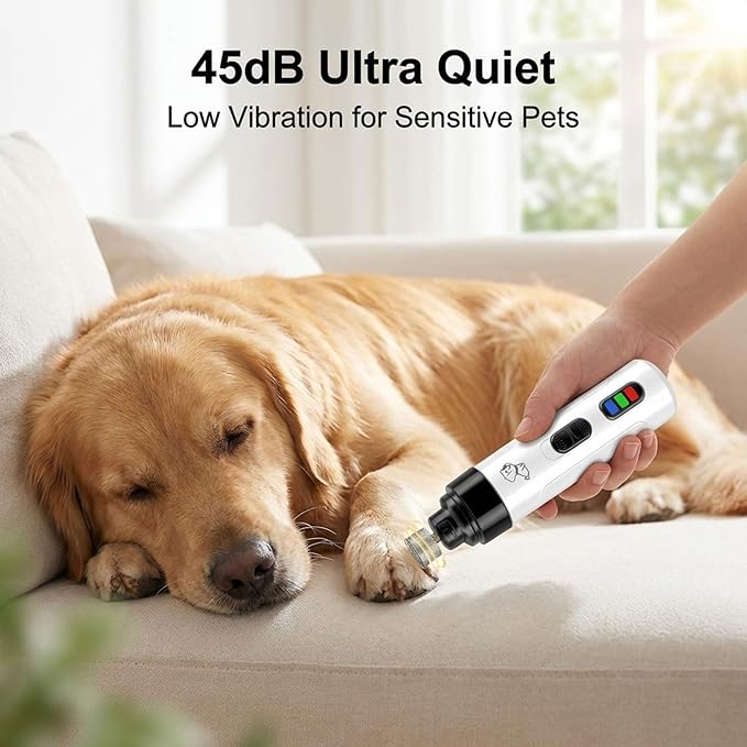 Upgraded Dog Nail Grinder Quiet, Professional Cat & Dog Nail Trimmers, 2-Speed Silent Pet Nail Grinder and Painless Paws Grooming, Suitable for Small Medium Pets (2 Replacement Head)