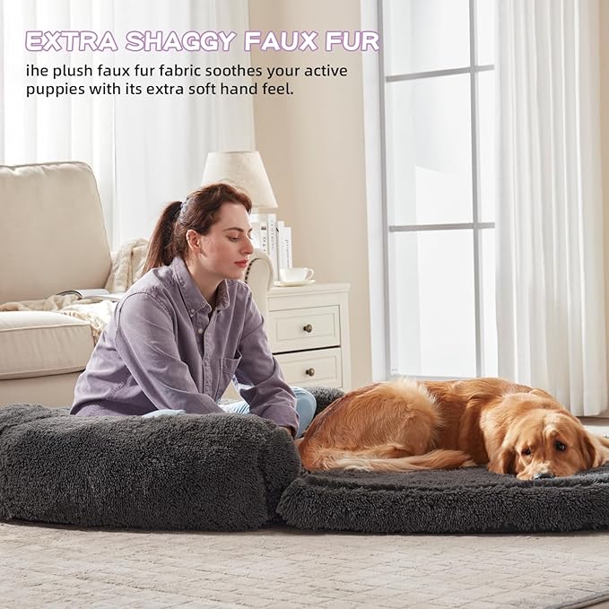 Foldable Human Dog Bed - 71 "x41 x12“ Human Sized Dog Bed with Orthopedic Foam, Fluffy Faux Fur Pet Couch with Waterproof Liner, Non-Slip Bottom, Washable Cover, Cozy Floor Lounger - Dark Gray