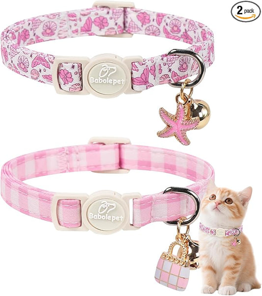 2 Pack Pink Cat Collars - Summer Breakaway Girl Cat Collars, Adjustable Kitten Safety Collar for Small Dogs Puppy, Cute Plaid & Mermaid Pet Collar with Bell & Pendant