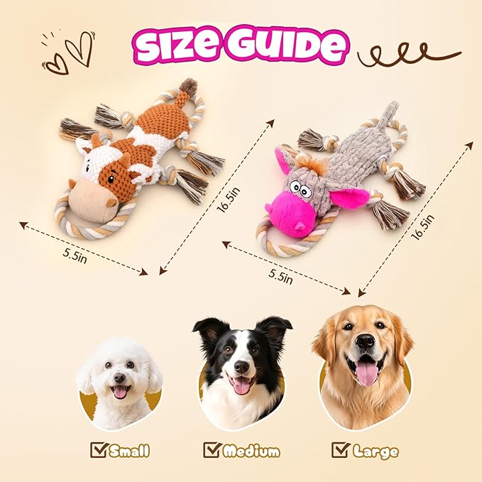 Squeaky Dog Toy Set - 2-Pack Crinkle No Stuffing Plush Dog Toys with Rope for Small to Large Dogs, Interactive Toys for Tug Play