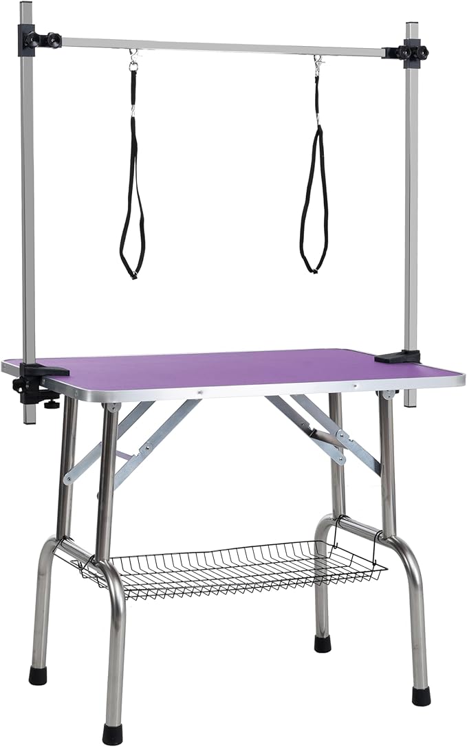 Professional Dog Pet Grooming Table Adjustable Heavy Duty Portable w/Arm & Noose & Mesh Tray (Purple, 36")